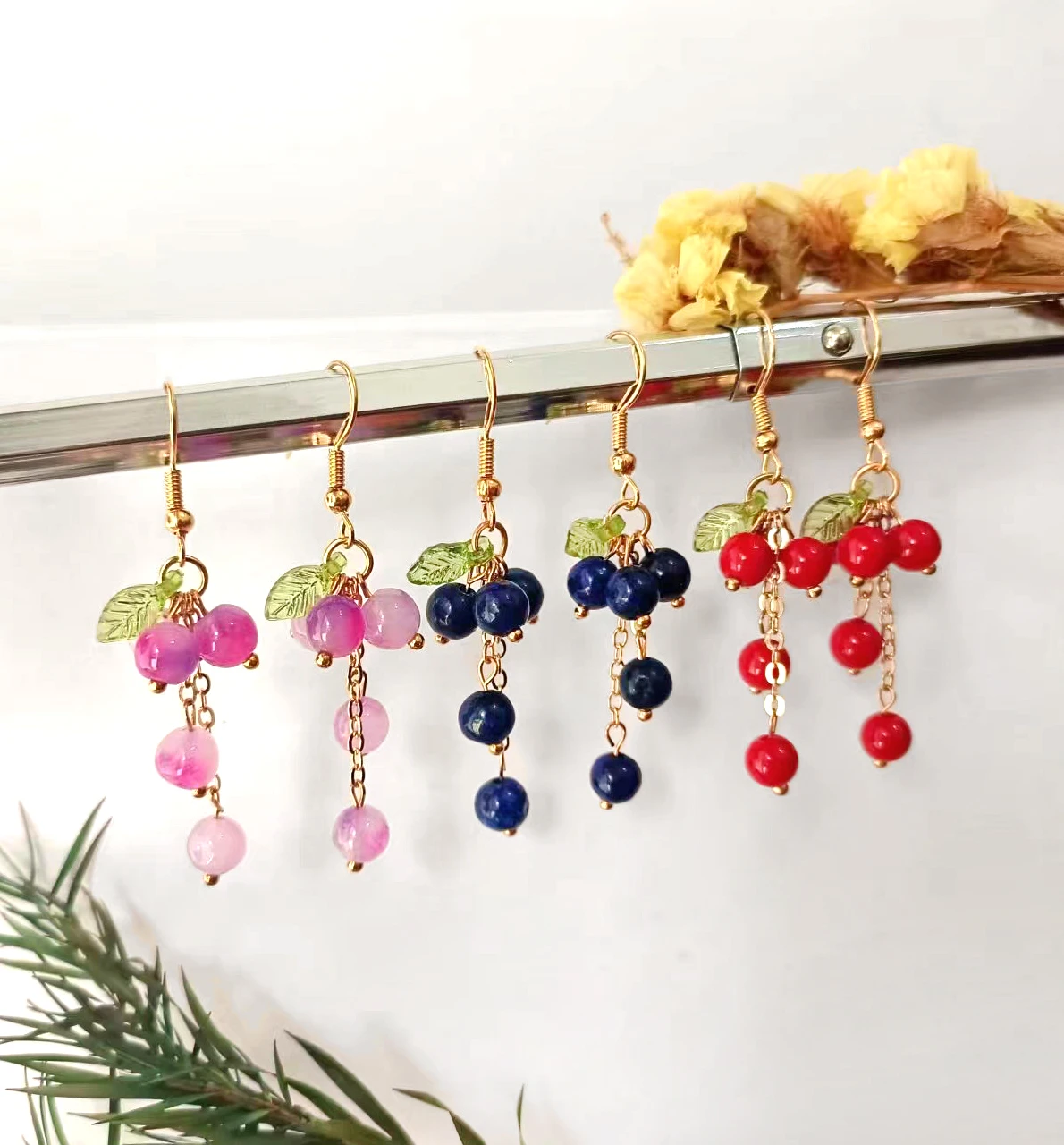 

Crystal Fruit Blueberry Cranberry Earrings Cute Green Purple Grape Tassel Dangle Earrings for women girls Dainty gifts