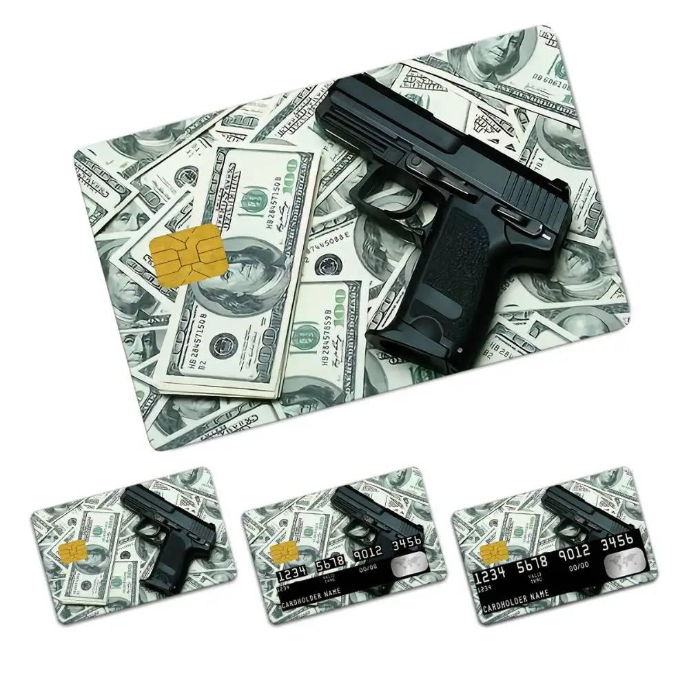 Gun And Money Motif Credit Card Skin Sticker Fashionable PVC Decor Decal For Debit Credit Travel Cards
