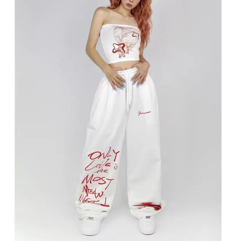 Black White Drawstring Design Sweatpants Women High Street Hip-hop Wide Leg Pants Women New Summer All-match Long Trousers