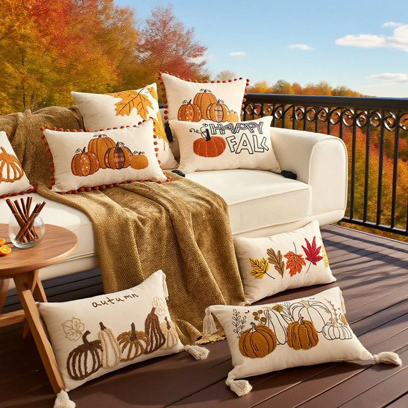 Autumn Maple Leaf Pumpkin Pillow Cover Pumpkin Maple Leaf Embroidered Waist Pillowcase Thanksgiving Living Room Sofa Decoration