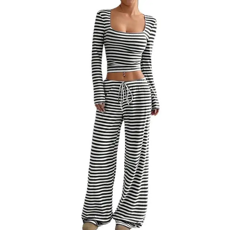 Women's Striped Two-Piece Set Square Neck Top Cropped Tunic Fashionable Summer Outfit Versatile Workwear Casual Student Uniform