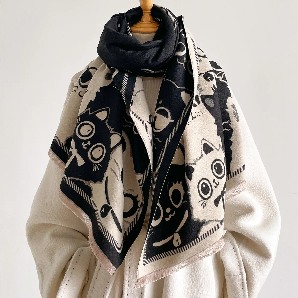 Scarf Women Cat Cartoon Jacquard Shawl Animal Pattern Neck Warmer Student Wrap Fall Winter Ladies Cat Print Long Scarf