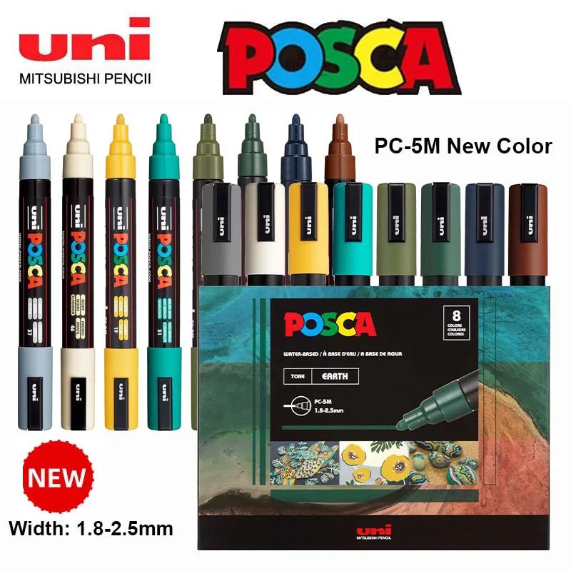 Uni Posca Color Marker Pen Set, PC-1M/3M/5M Stylos de peinture acrylique 0.7mm-2.5mm Largeur de ligne Rock Tissu Graffiti Art Marqueurs de peinture