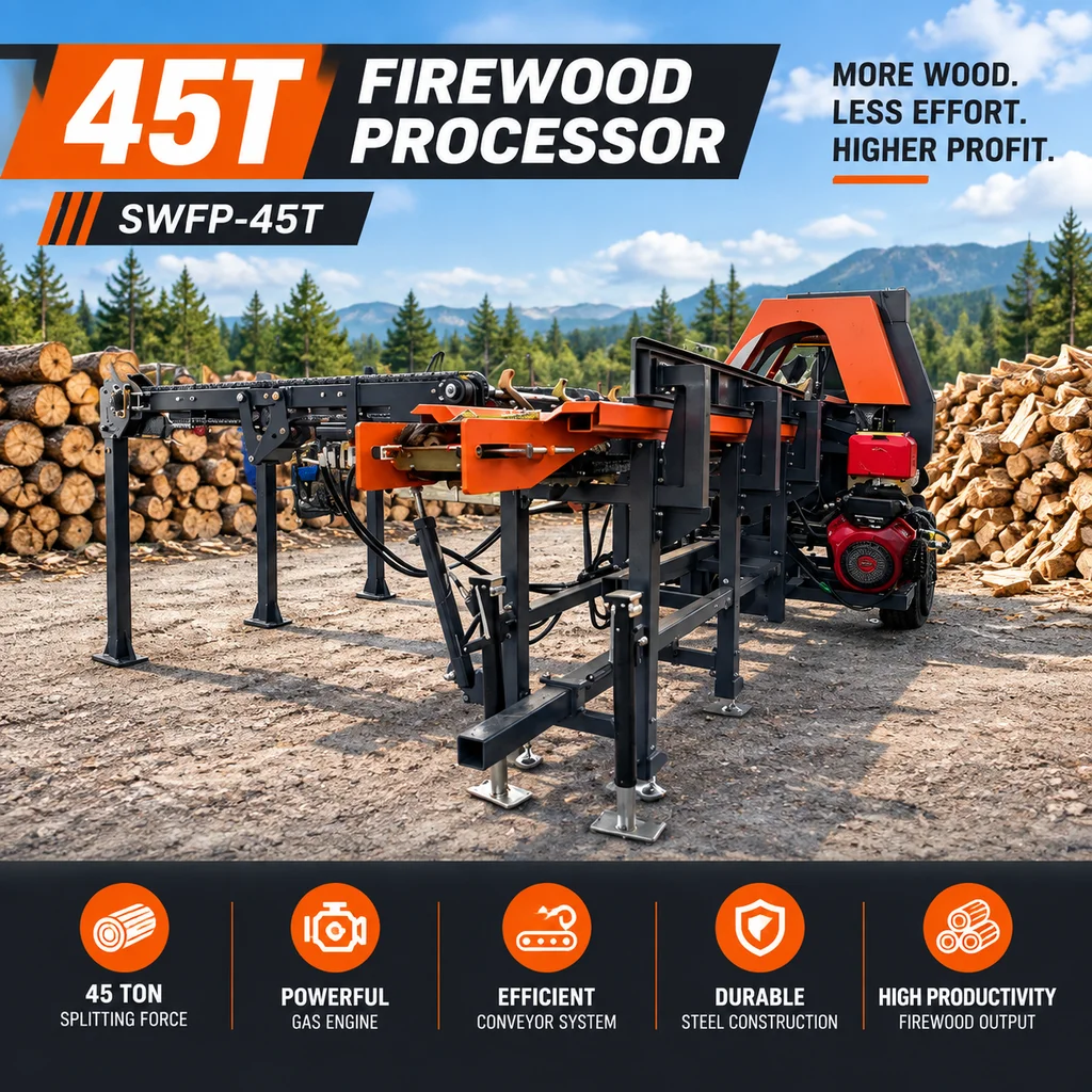 45T Automatic Firewood Processor 4 to 8 CBM H Efficiency 500mm Cutting Diameter 4 Way Splitting Knife