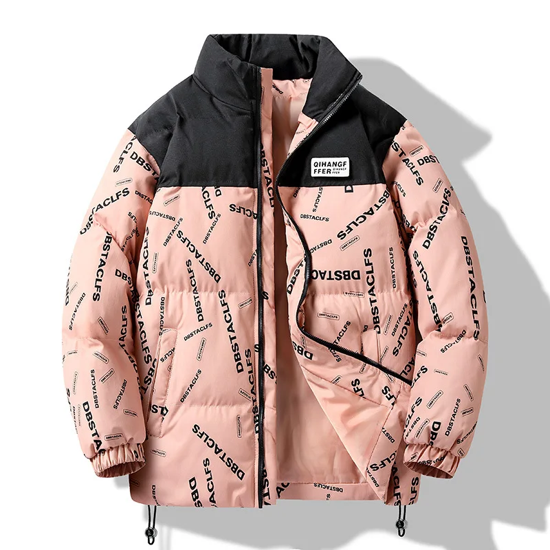 Mens Winter Fashion Print Cotton Down Coats Mens Women Casual Loose Patchwork Parkas Jackets Street Outdoor Windproof Outwear