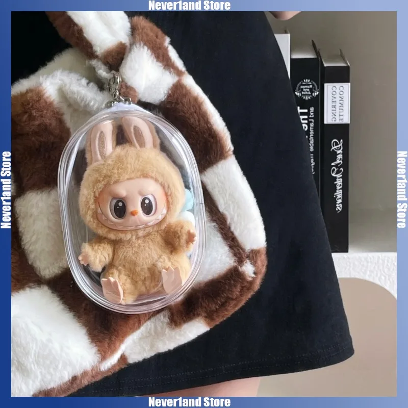 Casing pelindung transparan Labubu I II, kotak tampilan portabel Mini boneka mewah tahan debu 15cm 17cm aksesoris boneka tas