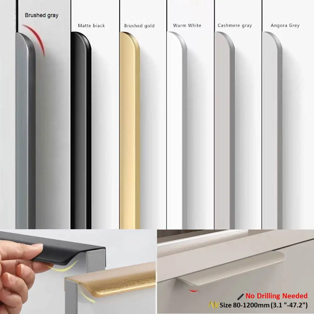 2PC Hidden Minimalist Cabinet Handles for Kitchen Wardrobe | No Drilling Black Edge Pulls | Custom Length 80mm-1200mm