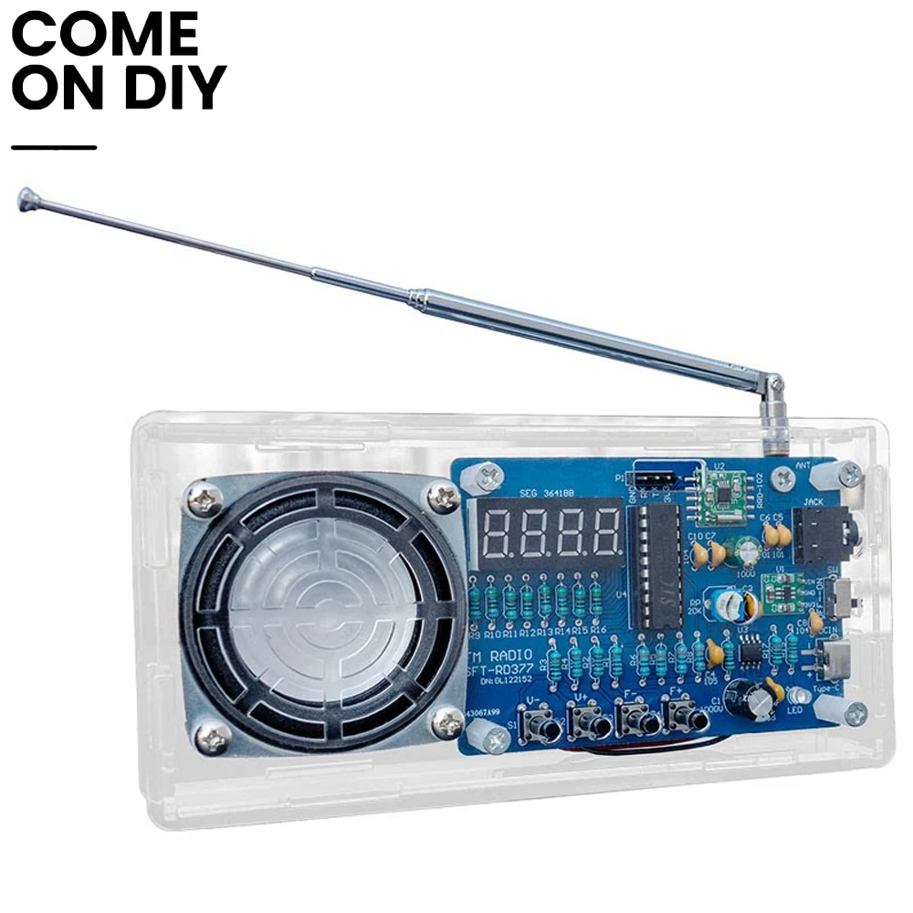 DIY FM Radio Soldering Kit with Transparent Case Digital Display Type C Power Supply for Electronic Learning Practice Project