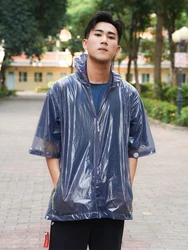 Man Boy's Short Sleeve Hooded Rainproof Waterproof Jacket Coat Biker Motobiker Raincoat