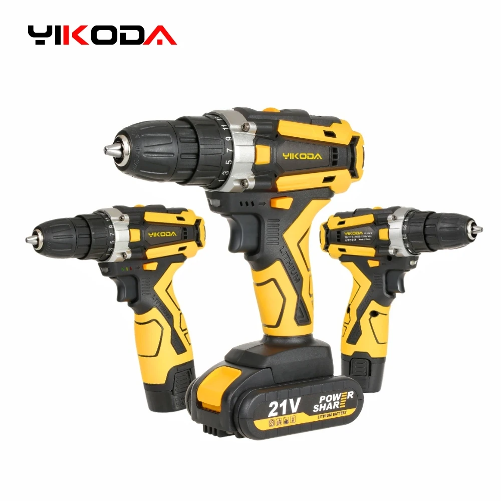 YIKODA 12/16.8/21V Cordless Drill Rechargeable Electric Screwdriver Lithium Battery Household Multi-function 2 Speed Power Tools