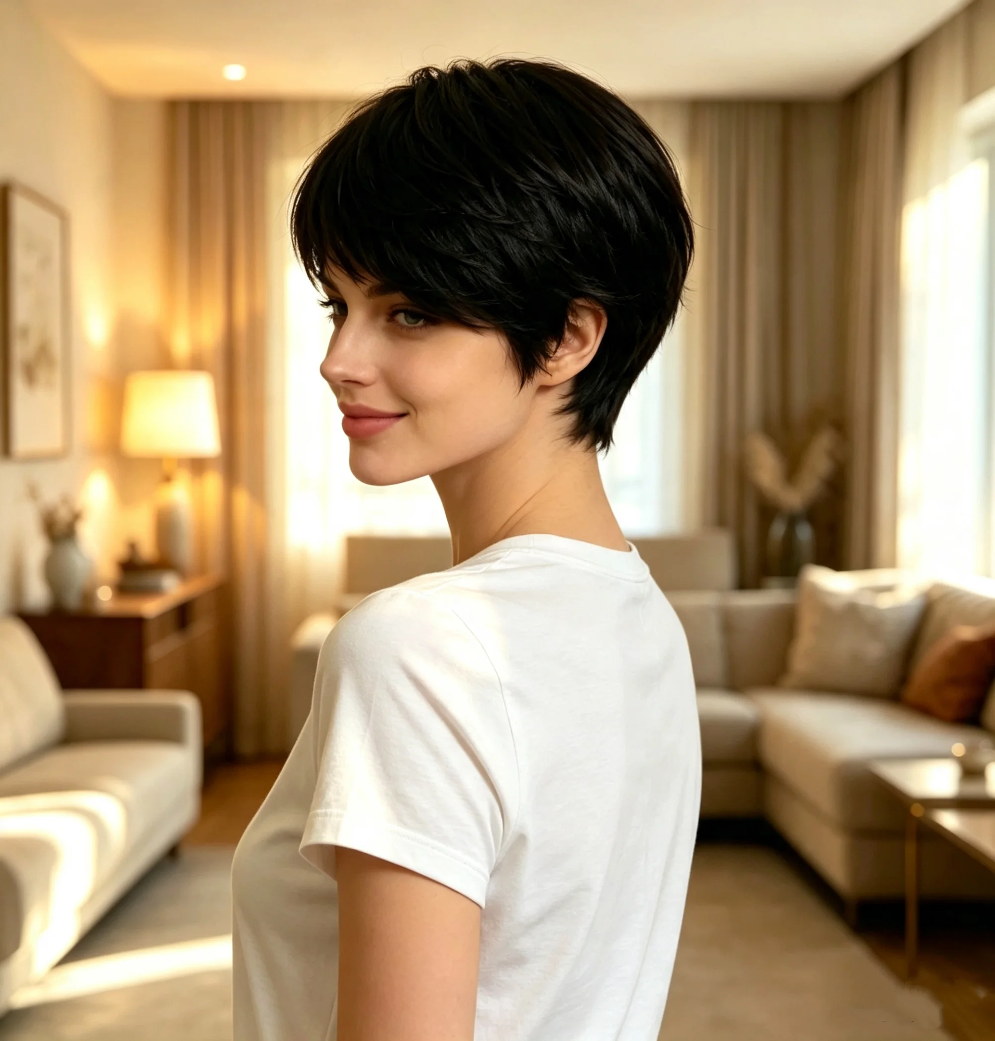 New Natural Looking Human Hair Short Brown Layered Straight Hairstyle Wig With Bangs, Machine Made Daily & Halloween