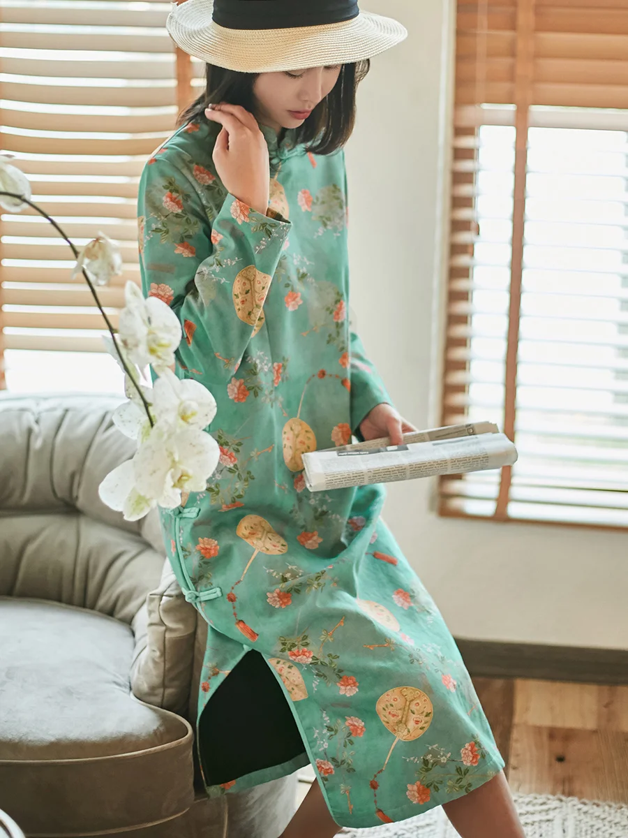 

Long Fce Lined Dr Vintage Artistic Button up Improved Women's Casual H-Line Gown Single Button Closure Dr