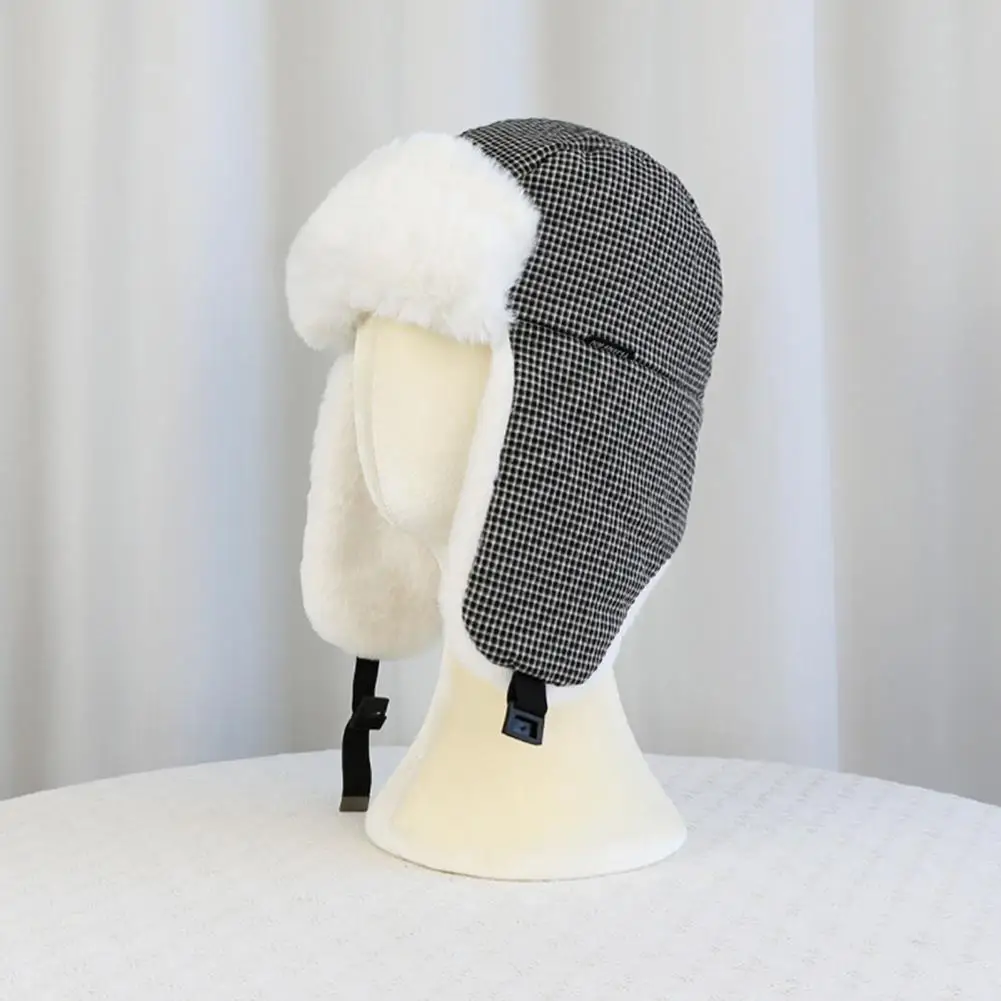 Ear Protection Hat Plaid Lei Feng Hat with Velvet Lining Buckle Closure Ear Protection Cap Windproof Weather Outdoor Headwear