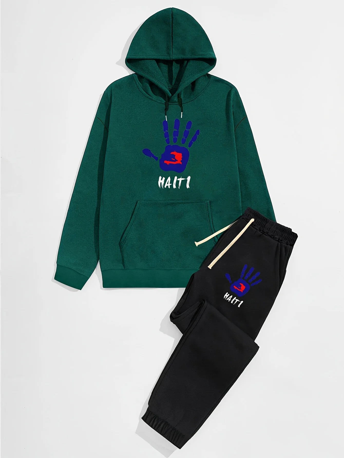 Haitian hand-printed men's versatile and stylish long-sleeved sweatshirt and casual drawstring pocket pants tracksuit2-piece set