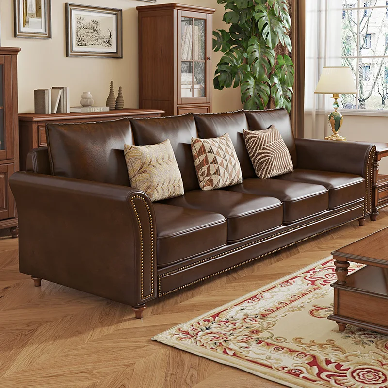 

Customizable American retro solid wood leather sofa top layer cowhide 123 combination