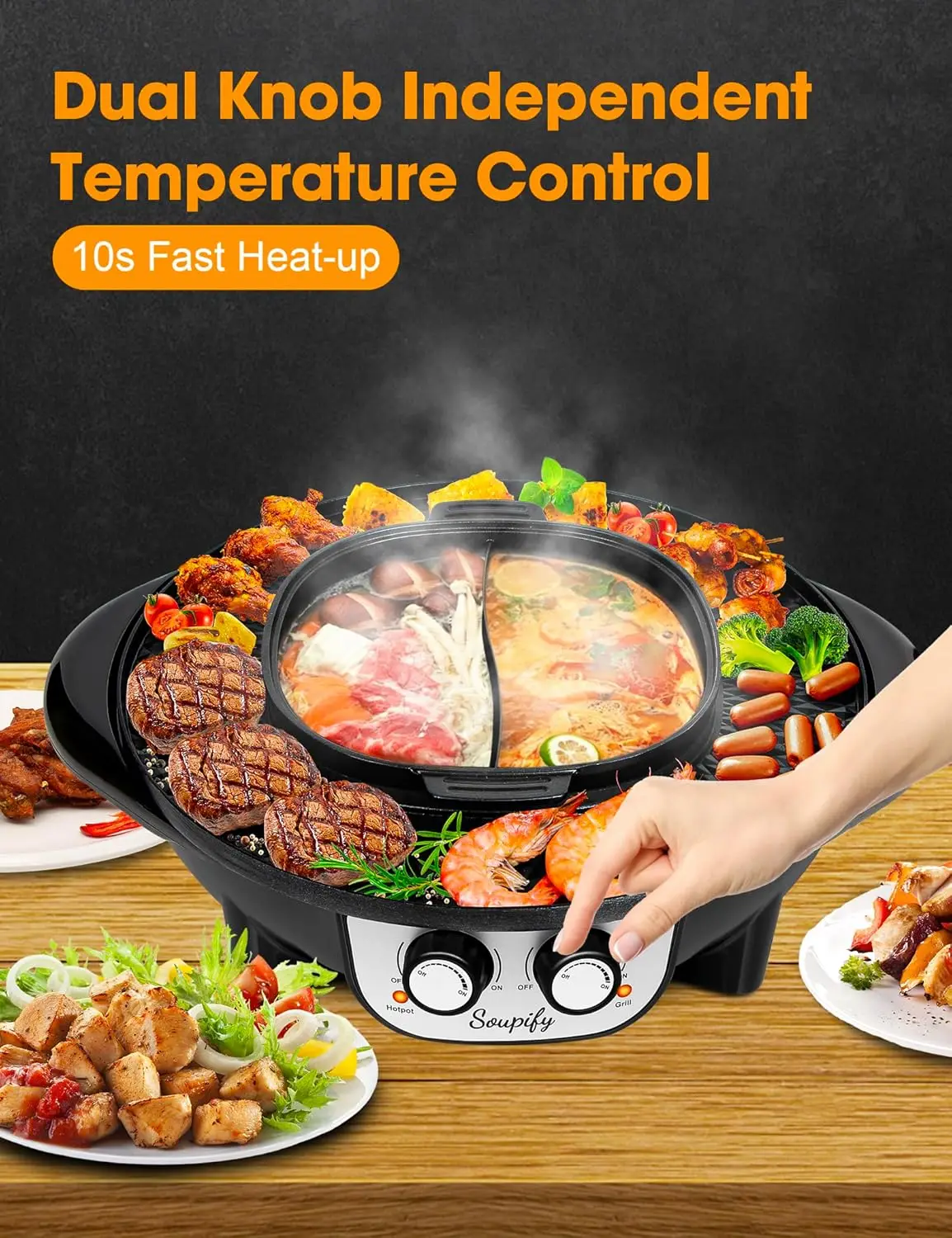 with Grill, Electric Korean BBQ Grill, Independent Dual Temperature Control & Non-stick Pan, Multi-function Smokeless Barbecue G