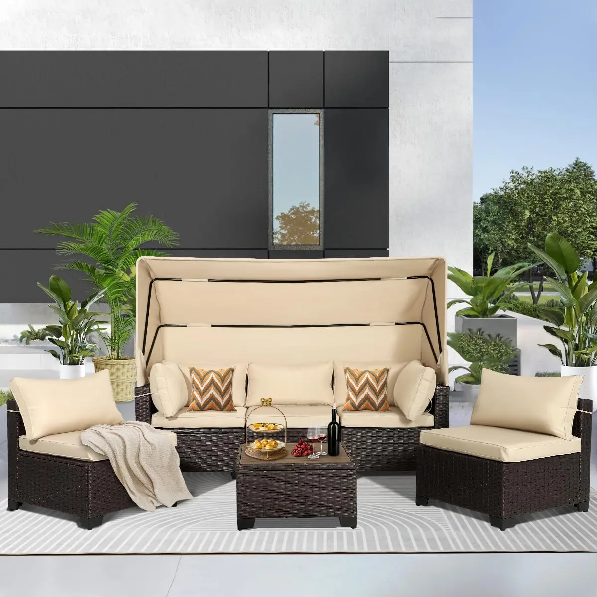 

6 PCS Outdoor Patio Furniture Set,Sectional Sofa Set,Rattan Daybed with Retractable Canopy,Adjustable Backrest,Storage Table