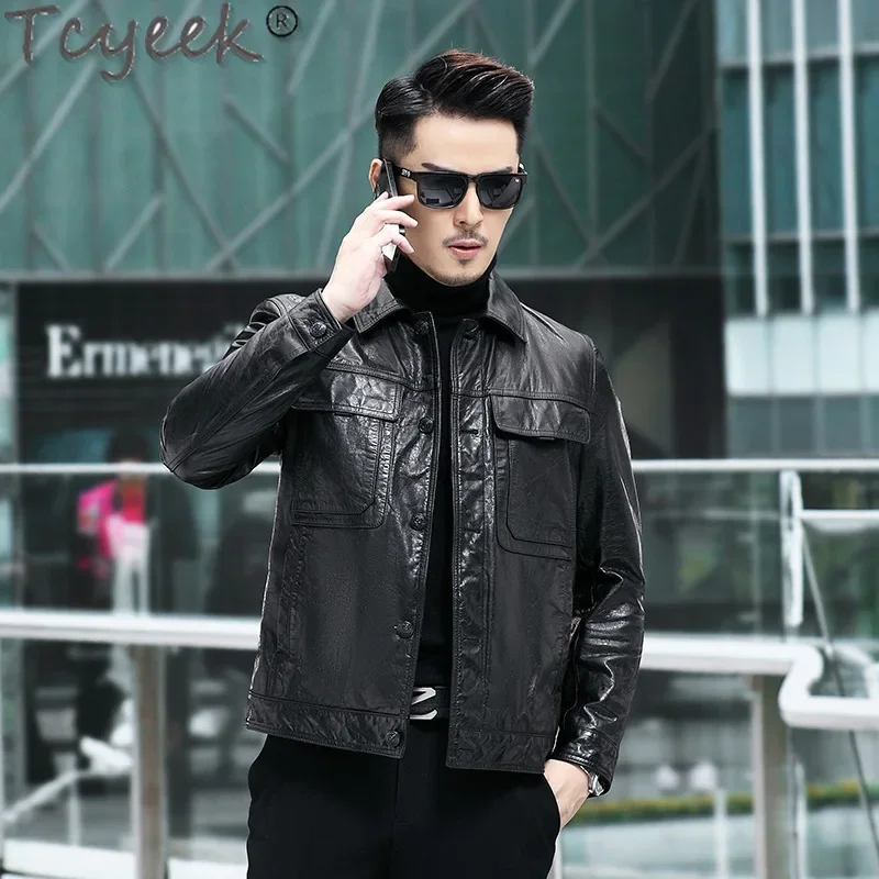 Tcyeek Genuine Leather Jacket Men Oil Wax Cowhide Coat Male Motocycle Jackets New Style Spring Autumn Clothes Chaquetas Hombre