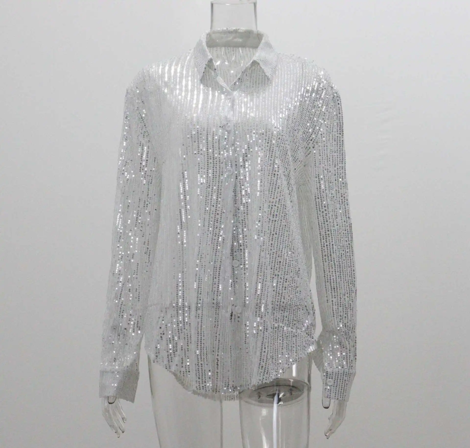 Fashion Silver Shiny Blouse For Women Chic Turn Down Collar Shirts Sequin Long Sleeve Shirt Elegant Ladies Loose Blouses Glitter