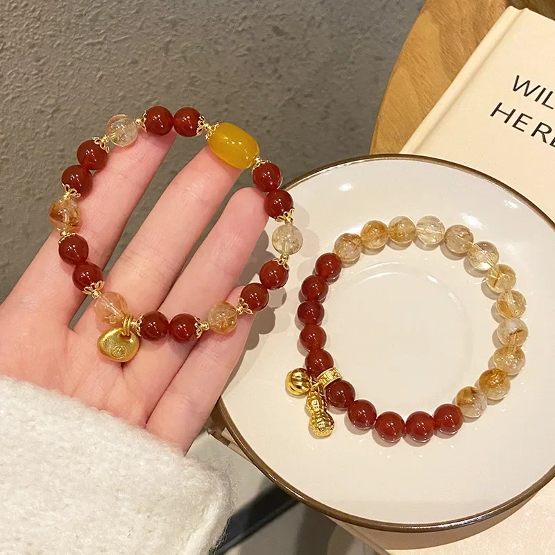 2025 Lucky Natural Red Agate Yellow Crystal Beaded Bracelets Women Alluvial Gold Ancient Coin&Peanut Persimmon Charm Bangle 1384