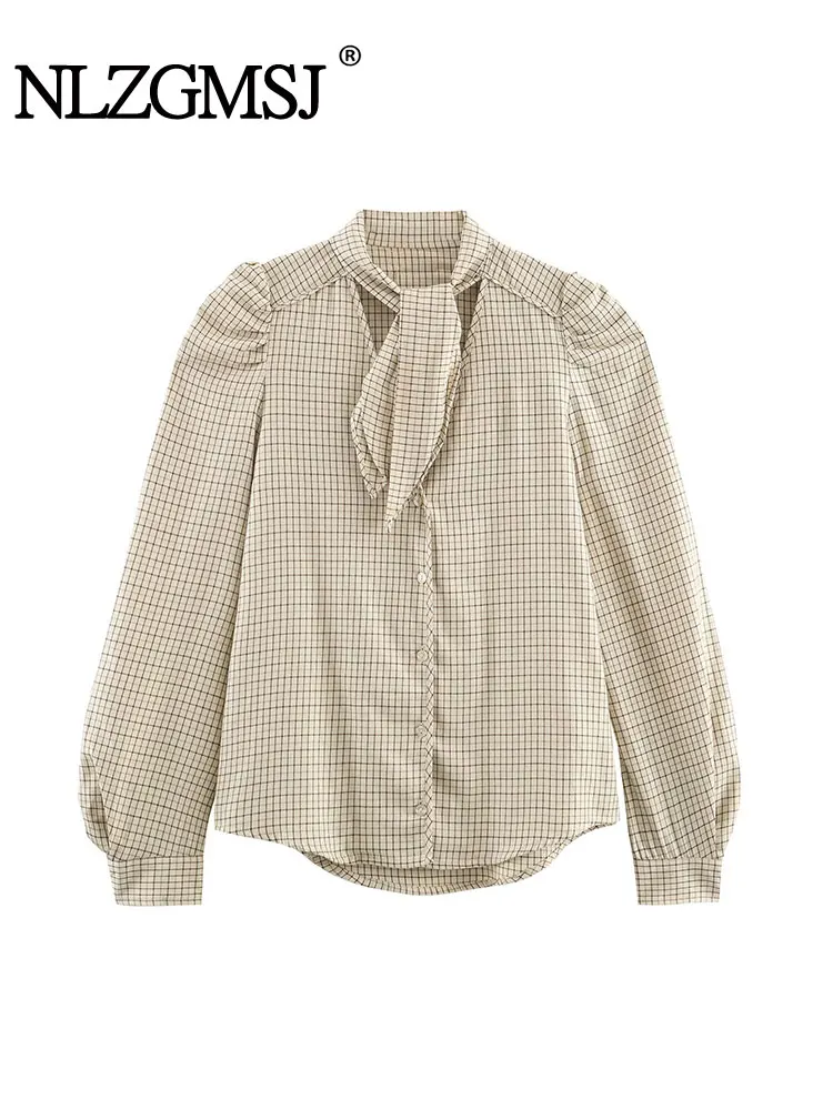 

NLZGMSJ женская клетчатая блузка, осень 2022, свободная рубашка с длинным рукавом и v-образным вырезом и бантом на шнуровке, женский повседневный топ Y2K ﻿