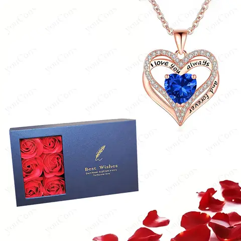 Blue Heart Pendant Necklaces With 6 Rose Gift Box Set For Women Lover Mom Christmas Gift 2025 Romantic Accessories