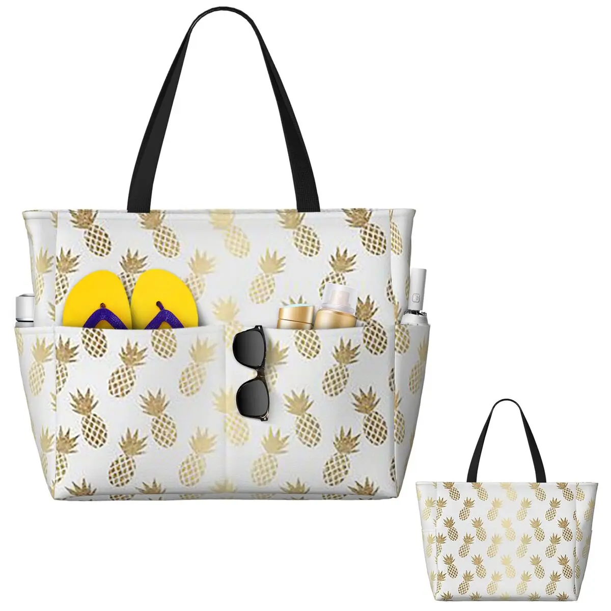 

Пляжная большая сумка с золотым узором ананаса, спортивная сумка для занятий йогой в тренажерном зале, большая большая сумка, женская дорожная сумка, сумка для фитнеса
