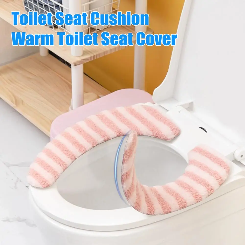 Toilet Seat Cushion Electrostatic Adsorption Toilet Cover 1 Pair Plush Toilet Mat Set Thickened Striped Bathroom Rug Warm Soft