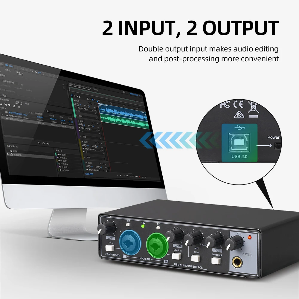 YYHC-Interface de áudio profissional de 2 canais 24 bits 192Hkz e placa de som USB para fonógrafos de computador ao vivo