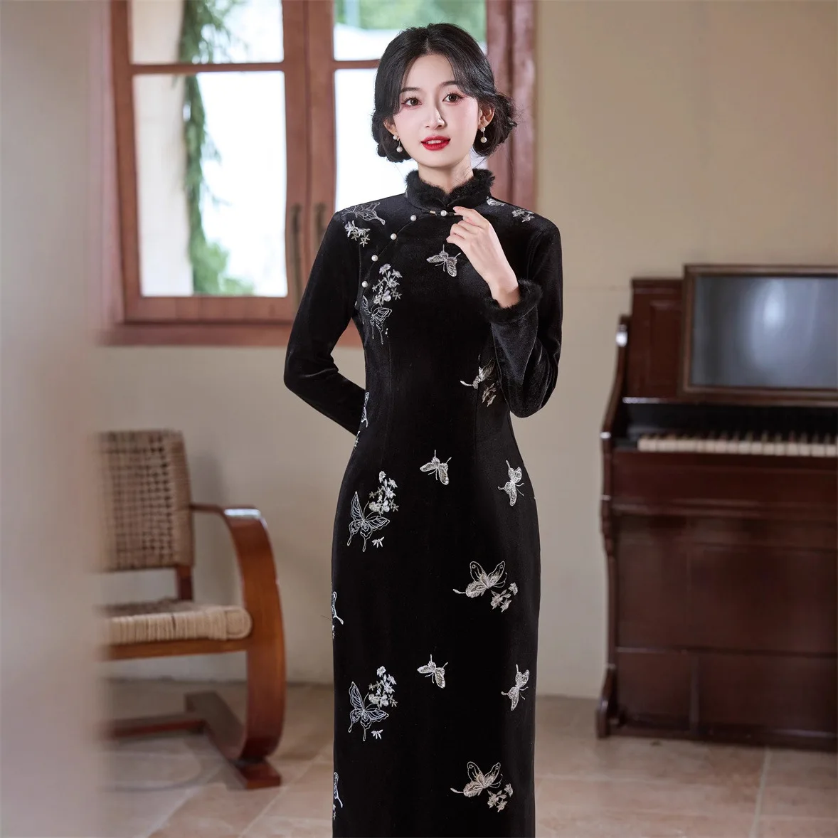 

Бархатное длинное платье Cheongsam с вышивкой, осень/зима 2021, новое улучшение моды, новое китайское повседневное платье Cheongsam Qipao