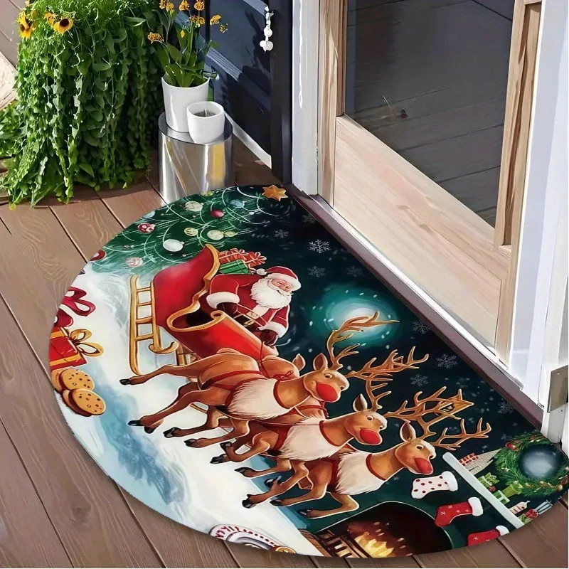 Sleigh Welcome Rug Christmas Sleigh Gift Half Round Mat NonSlip Felt Carpet for Front Door Entrance Tree Bell Holiday Decor