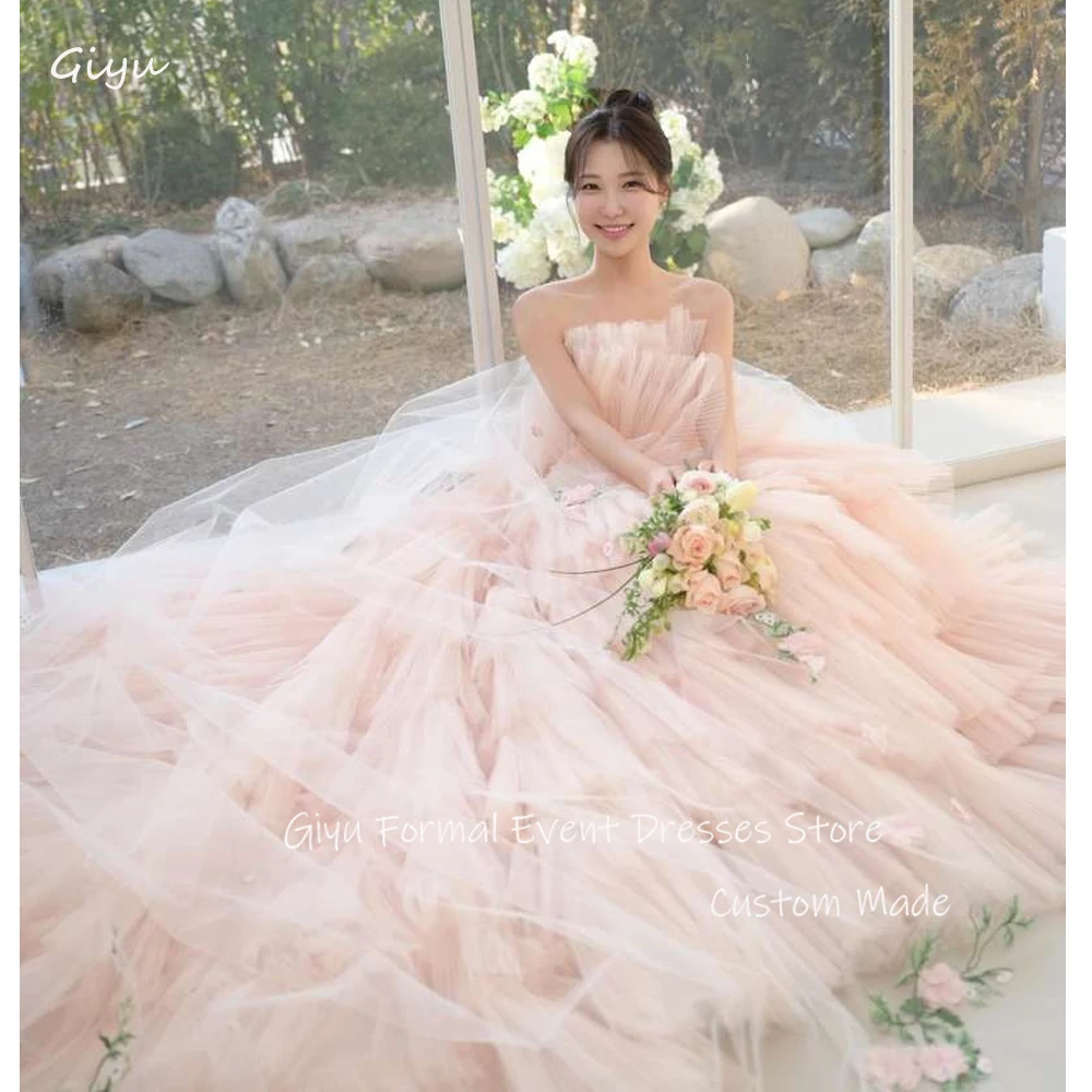 Giyu Luxury Layered Tulle Korea Wedding Dresses Photoshoot Strapless Tiered Evening Gowns Garden Party Formal Occasion Dress