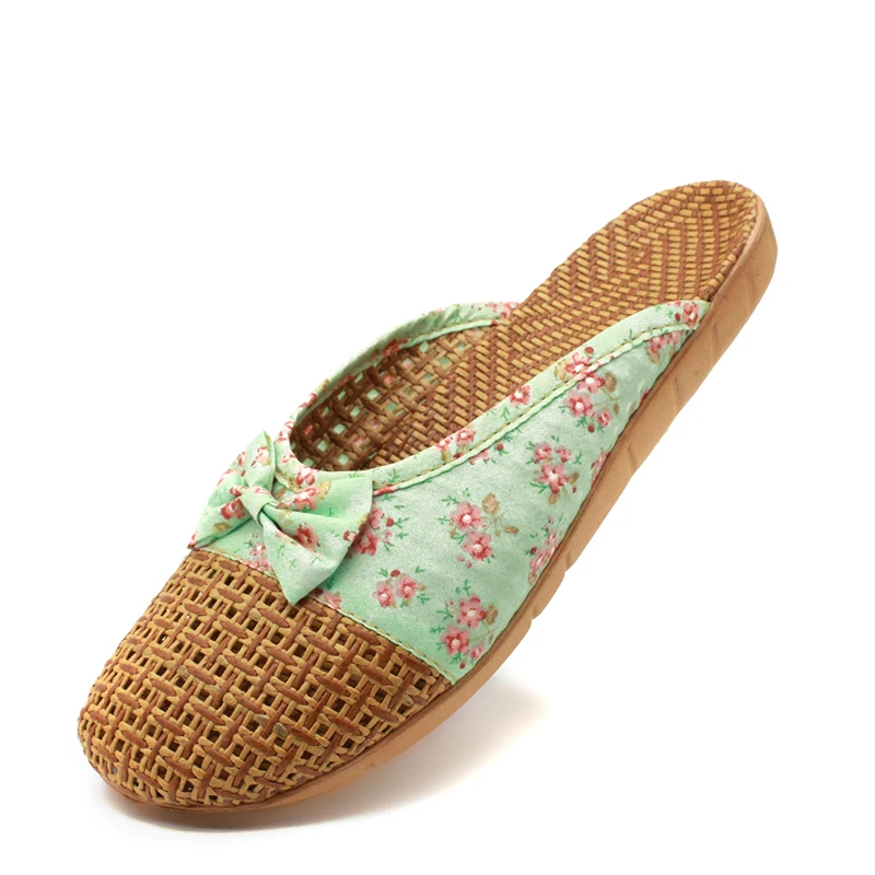 Women Home Slippers Flax Slippers Casual Slides Floral Bow Linen Indoor Slippers Female Summer Sandals Home Shoes Women