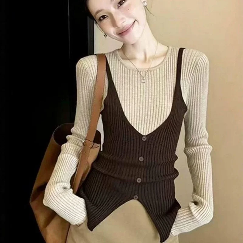 Faux Layered Knit Pullover Women Long Sleeve Slim Fit Top Round Neck Button Detail Autumn Spring Korean Style Sweater