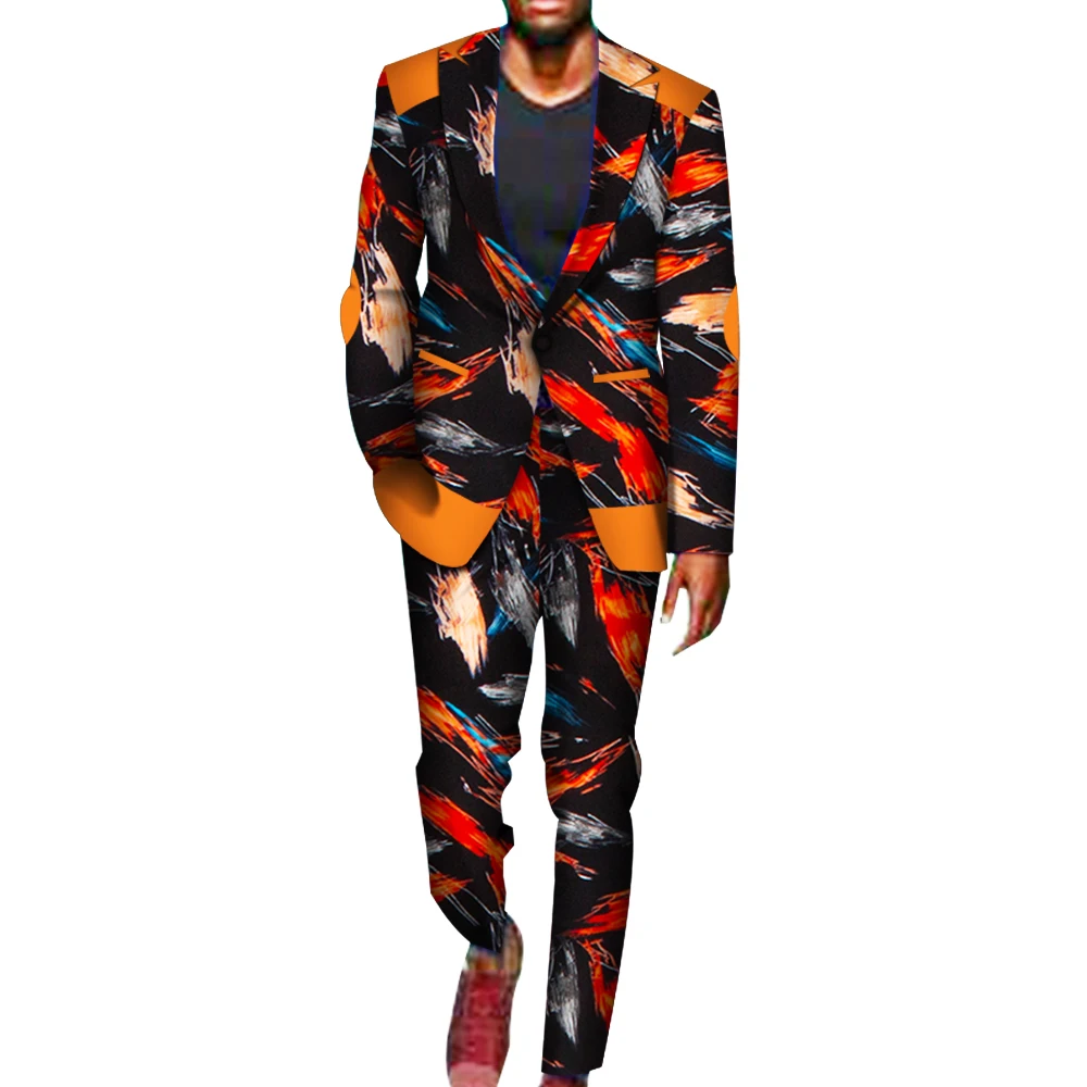 2 Pieces African Pants Sets Mens African Clothing Bazin Riche African Wax Print Blazer Suits and Pants Ankara Clothes WYN716