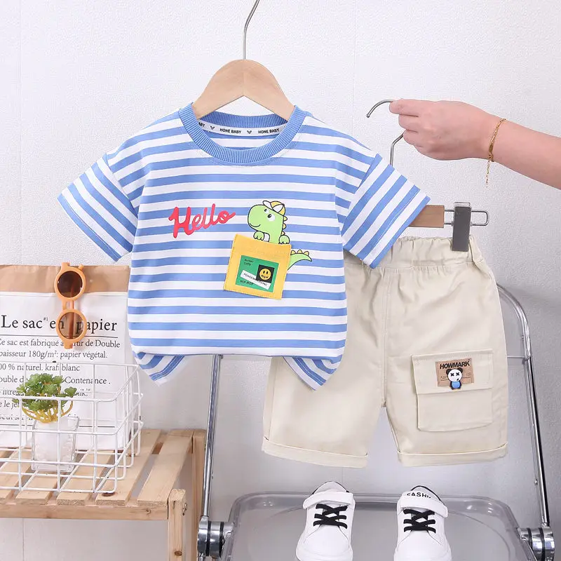 

Kids Kids Boy Printing Strips Dinosaur T Shirt Shorts Summer Children Outing Clothes 2Pcs/sets Infant Kids Tracksuits 0-5 Years