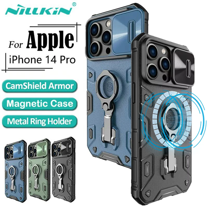 

For iPhone 14 Pro NILLKIN CamShield Armor Magnetic Case Shockproof Fall-resistant MagSafe Case With Ring Kickstand Back Cover