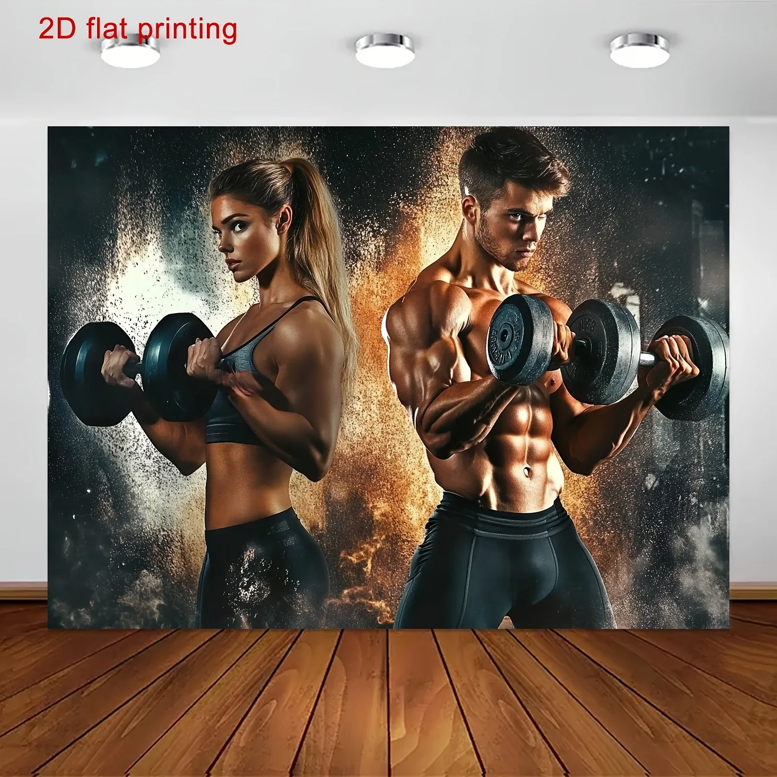 Fitness Motivation Poster Gym Wall Art Muscular Man and Woman Lifting Dumbbells 2D Flat Printing Home Decor Exercise Inspiration