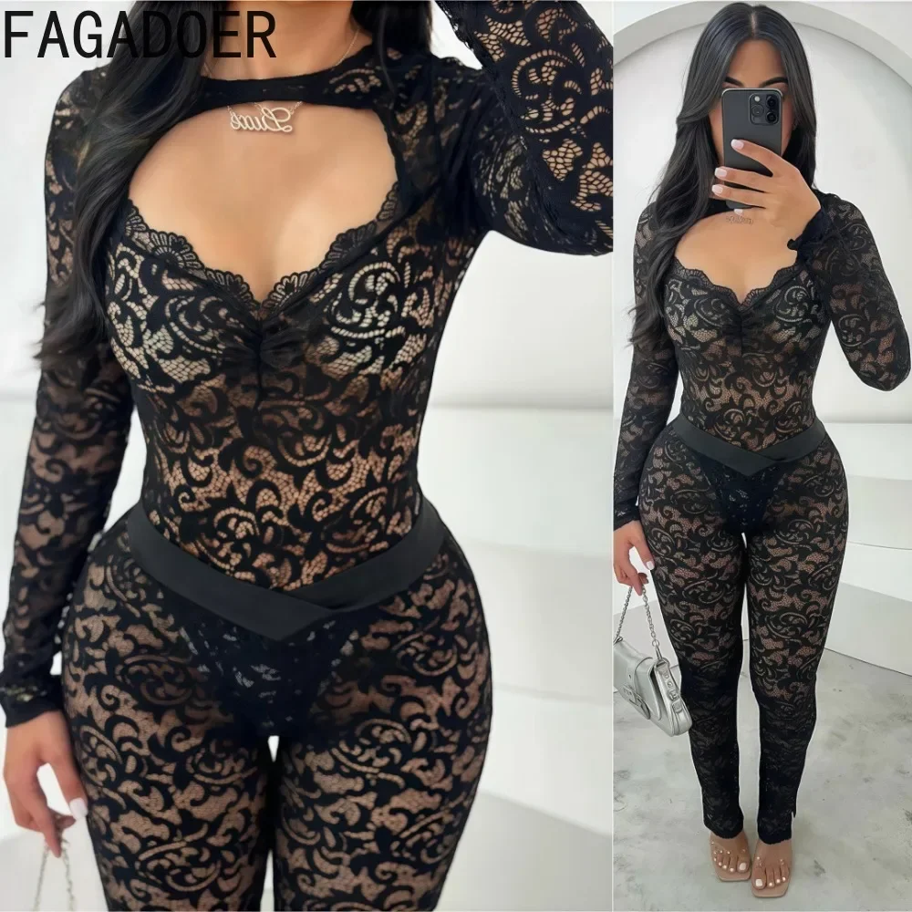 

FAGADOER Sexy Lace 2 Piece Set Women Hollow Out See Through Crop Tops And Leggings Pants Female Night Club Outfit Streetwear New