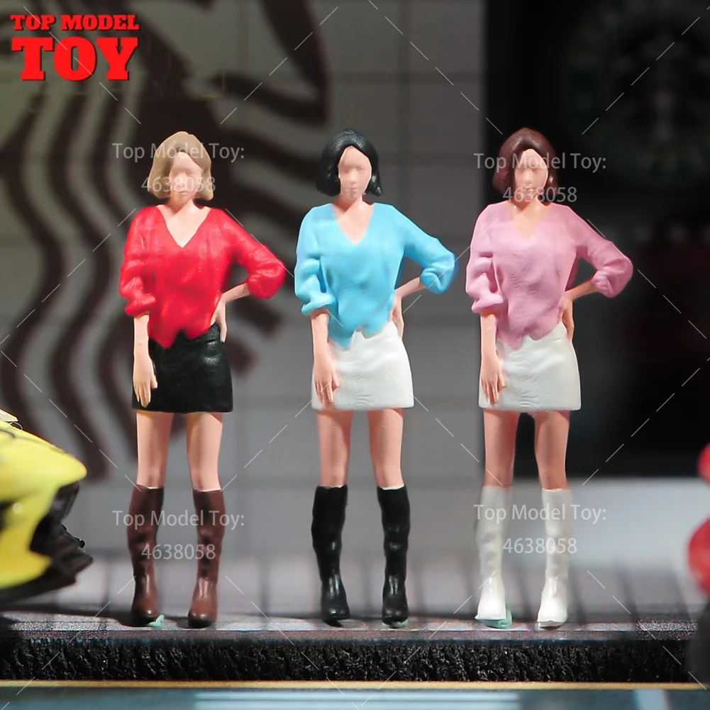 Painted Miniatures 1/64 Short Hair Short Skirt Long Boots Girl Female Scene Figure Dolls Unpainted Model For Cars Vehicles