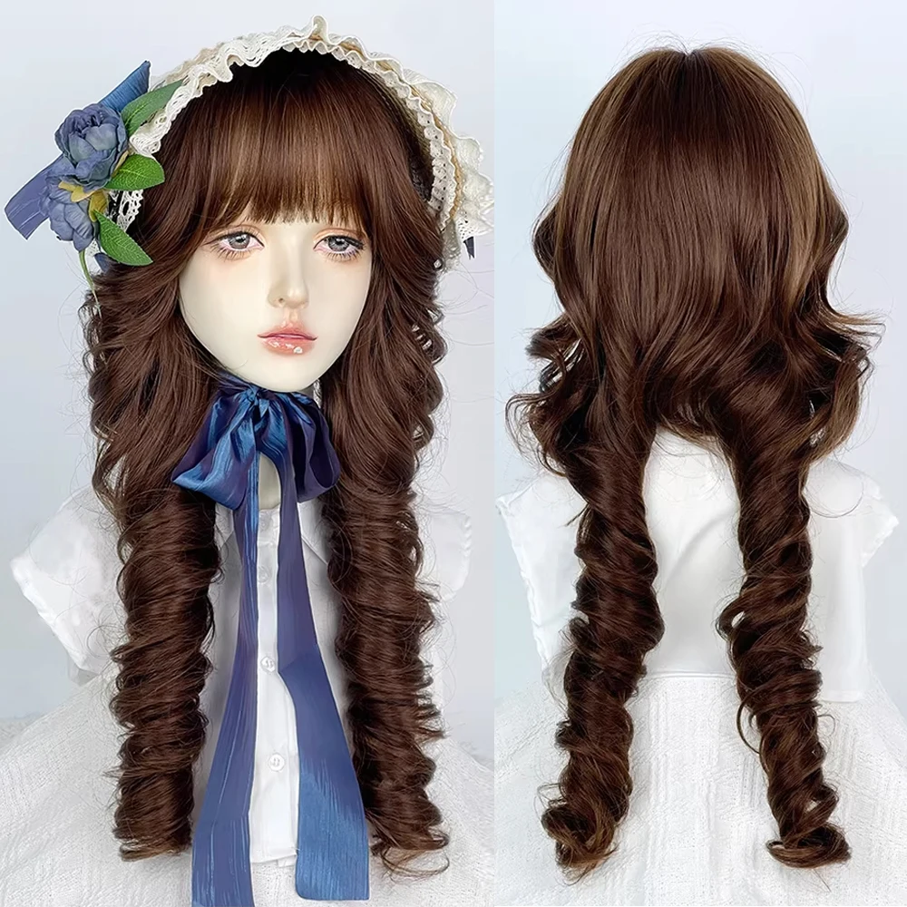 Doll Roman Curl Style Synthetic Jellyfish Head Wigs with Bangs Brown Lolita Cosplay Women Fluffy Wig for Daily Party