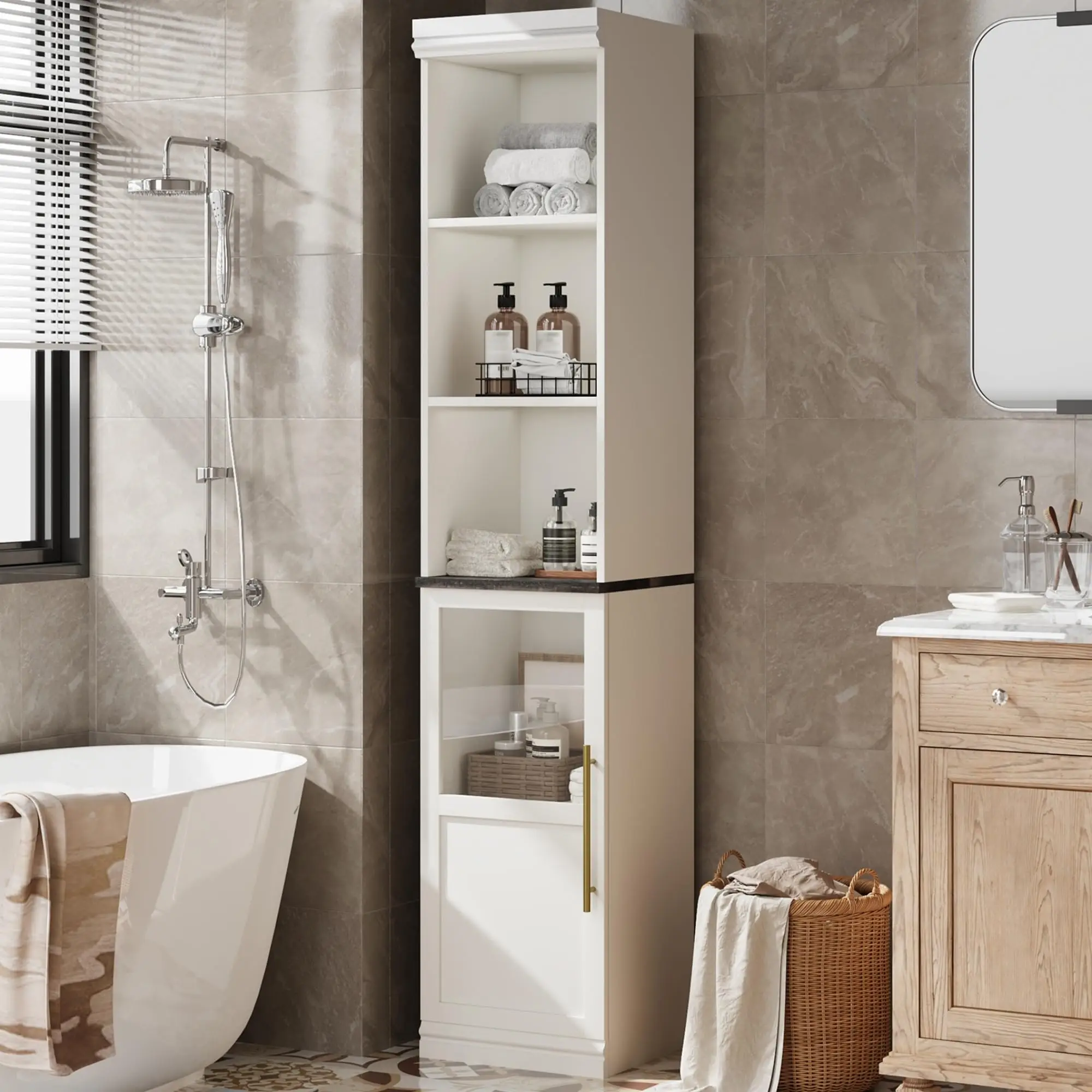 Armadio alto salvaspazio e sottile per corridoio/bagno – mobile contenitore autoportante, alto 178 cm, con porta e ripiani aperti – ideale per ambienti piccoli, cucina, soggiorno – bianco