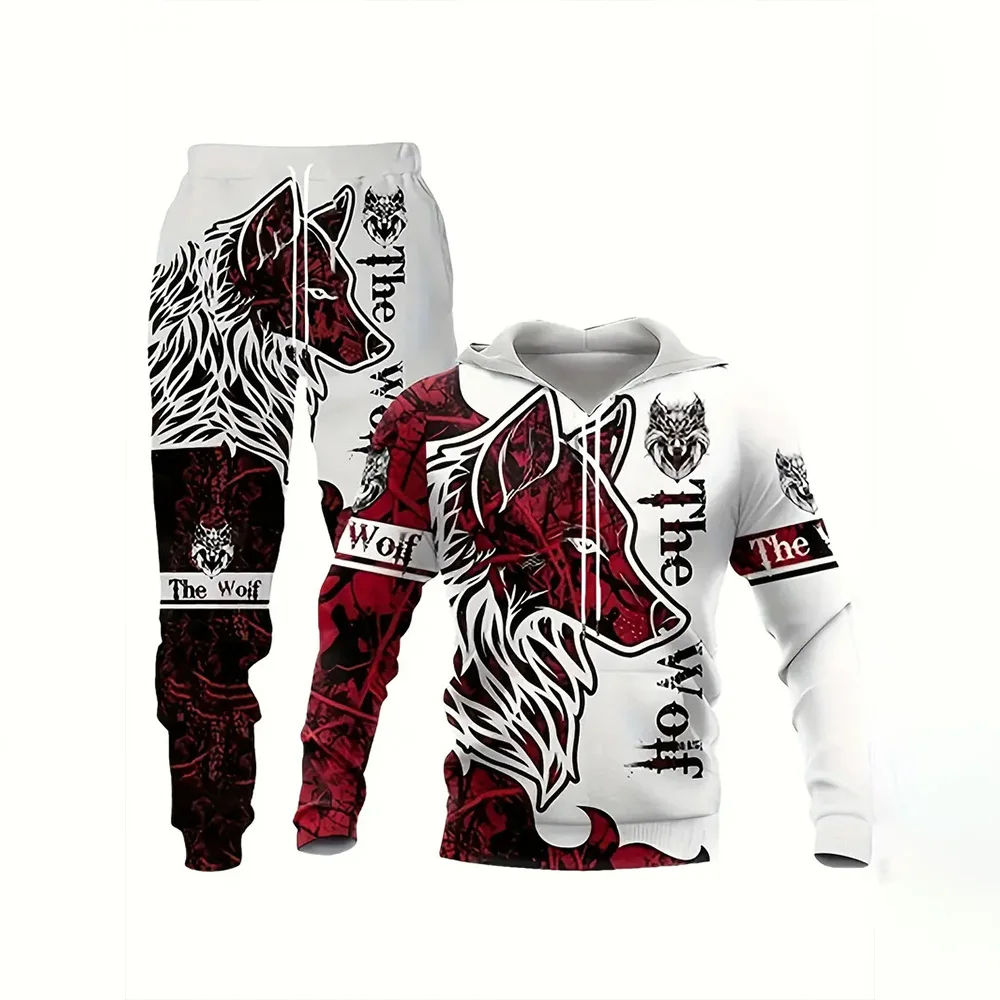 Smart Wolf 3D estampado retro 2 peças moletom moletom masculino outono inverno casual rua retro moda masculina moletom com capuz