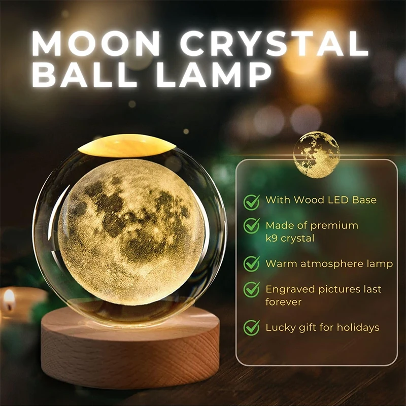 

3D Moon Crystal Ball Night Light - LED Lights Hologram Glass Lamp, USB Powered Crystal Lamps with Adjustable Brightness
