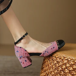 NEW Summer Women Sandals Cotton Fabric Shoes for Women Cover Toe Chunky Shoes Round Toe Cover Heel Sandals Splicing Chain Shoes