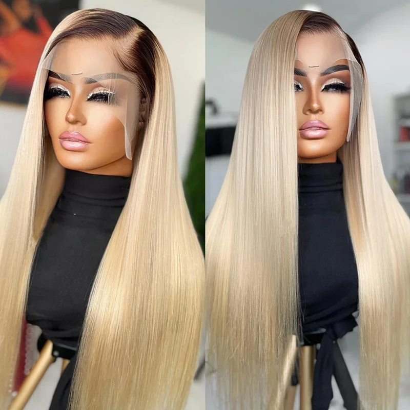 Perruque Lace Front Wig sans colle lisse et douce, cheveux de bébé, blond ombré, densité 180%, 26 pouces, 613, pre-plucked, pour femmes noires, degré de chaleur