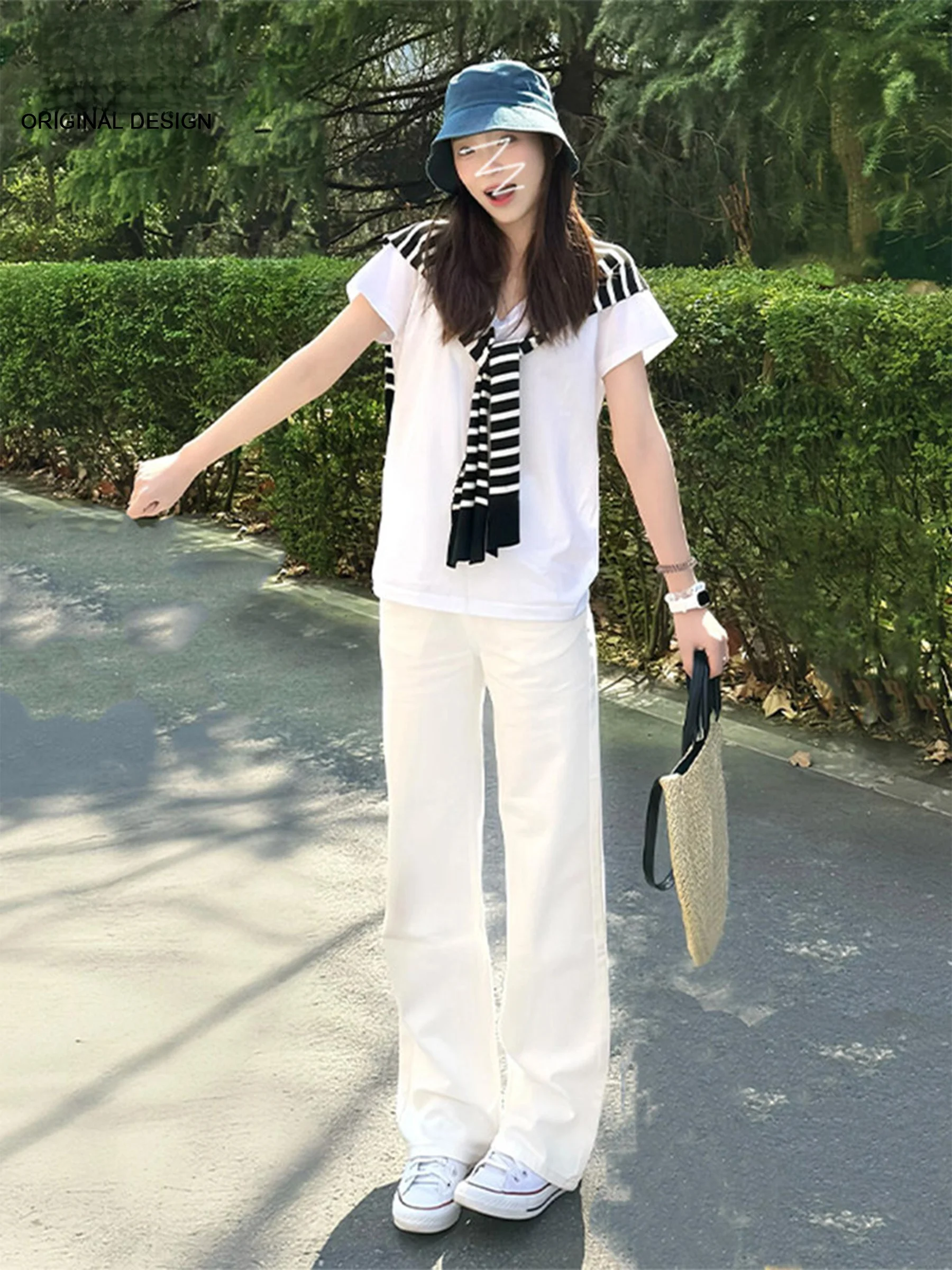 

Американские джинсы с высокой талией и прямыми штанинами для женщин, летние, новые, свободные, в пол, эластичные, широкие брюки, повседневные, весенние