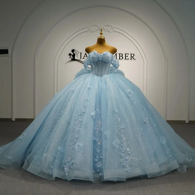 

Blue Quinceanera Dress off-shoulder Glitter 3D Flower Crystal Decal Long tail Big Bow vestidos de 15 Quinceanera ﻿Customize