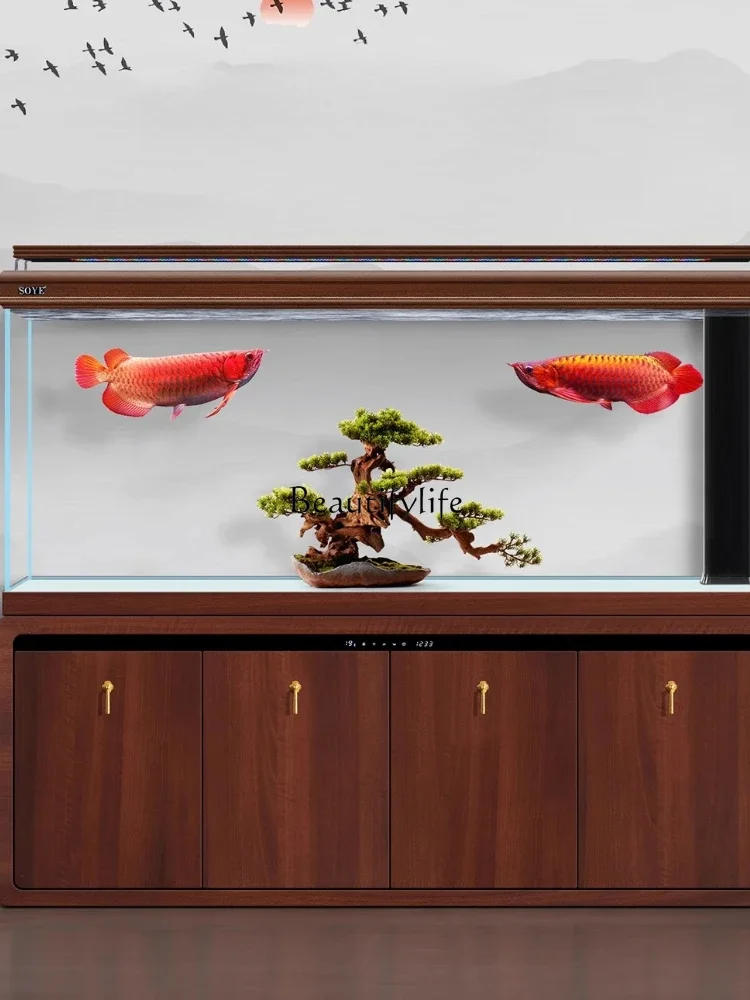 

09Living room large ultra-white aquarium solid wood bottom filter screen floor-to-ceiling Chinese home