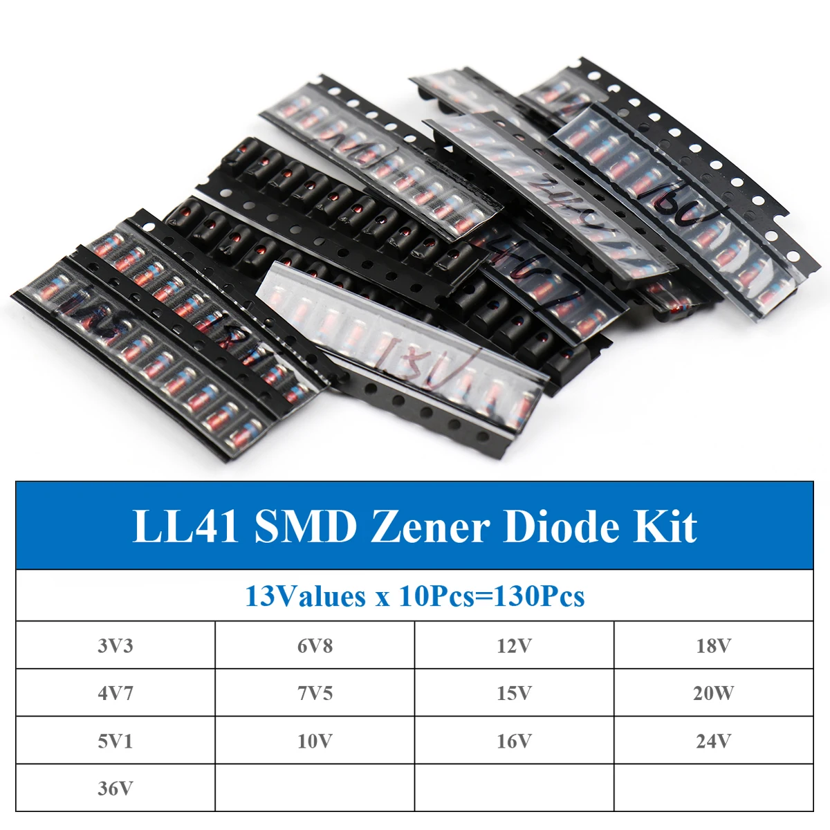 130Pcs/Lot LL41 SMD Zener Diode Assorted Kit 1W 3V3-36V 13Values x 10Pcs Assorstment Kit